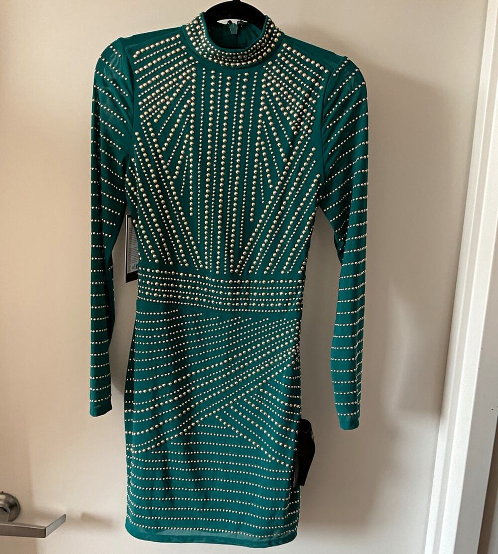 Marciano GUESS Teal Studded Mesh Mock Neck Bodycon Zip Dress Sz 2 Stretch